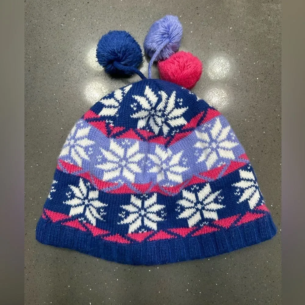 L.L.Bean Kids' snowflake pom hat in blue, pink, and white knit